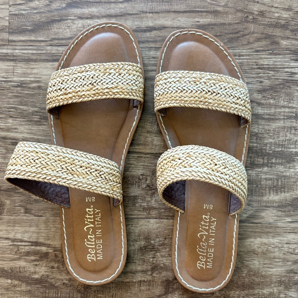 Woven strappy Bella Vita Leather Slide Sandals Sz 8M brown tan rattan beach